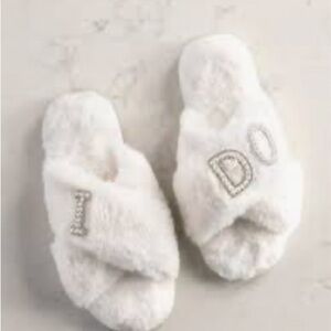 White Faux Fur I Do Bridal Slippers Pearl Rhinestone Wedding Slides